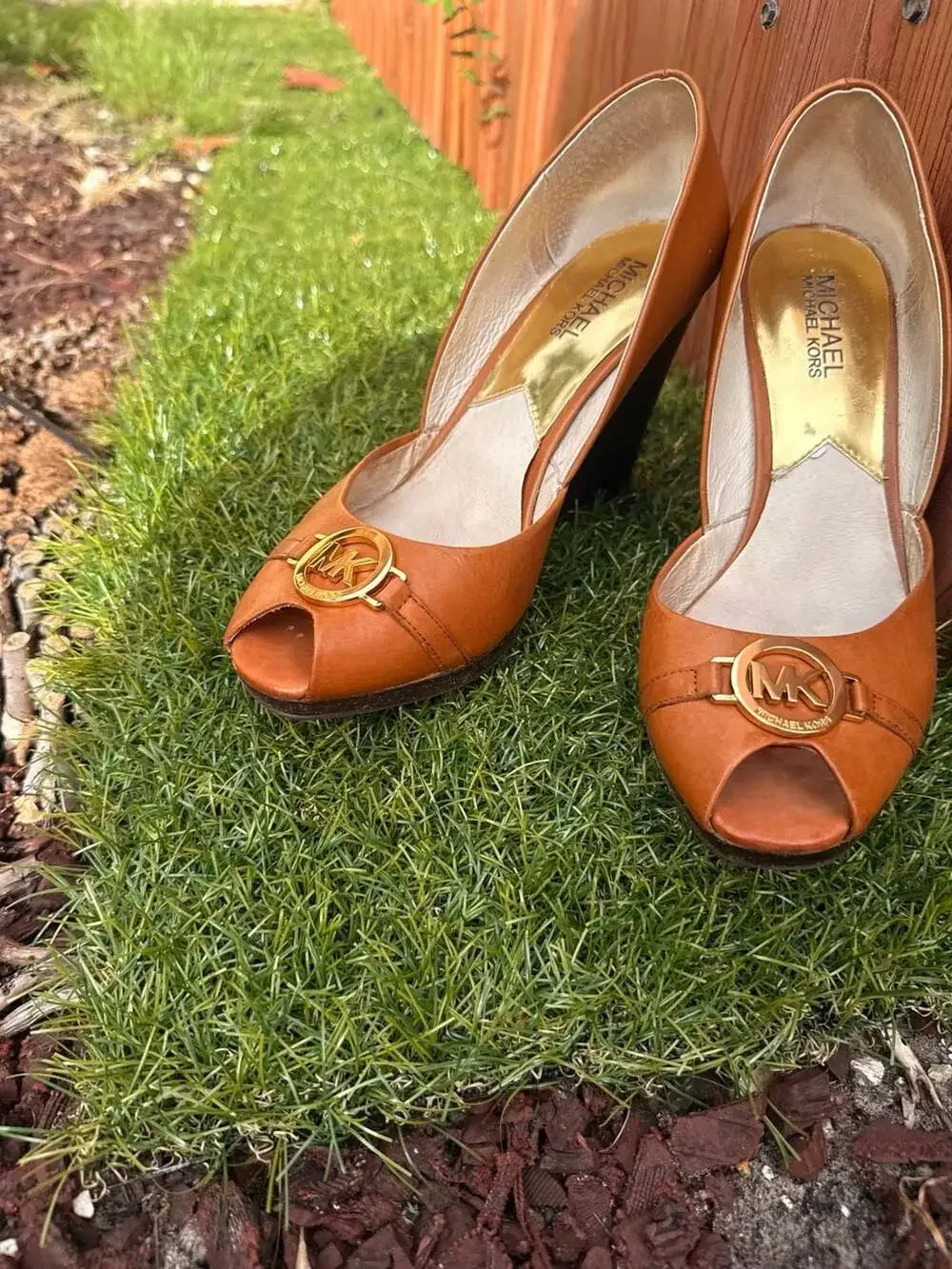 Michael Kors Tan Leather Peep Toe Wedge Heels with Gold MK Logo Accent
